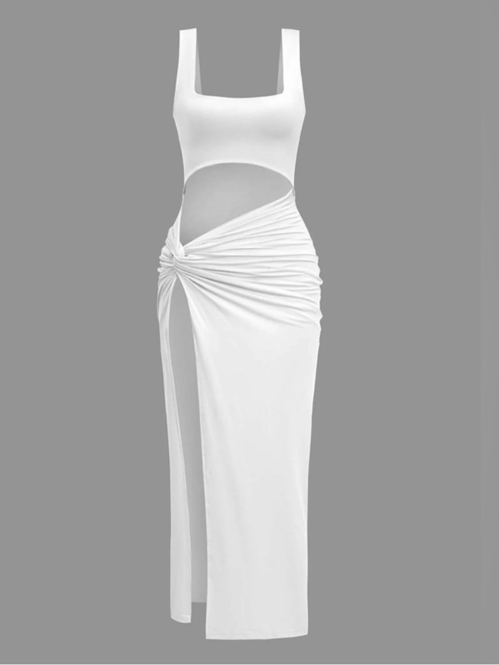 Micas Elegant Cutout Sleeveless Square Neck Maxi Dress w Side Knot, White, Sz S